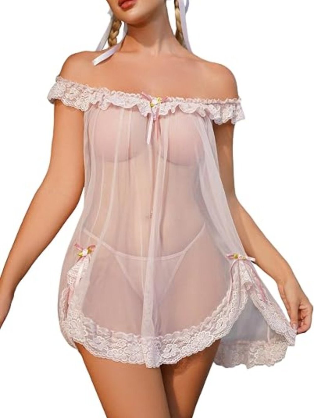 Women's 2 Piece Mesh Sheer Lace Babydoll Dress Thong Nightgown Set